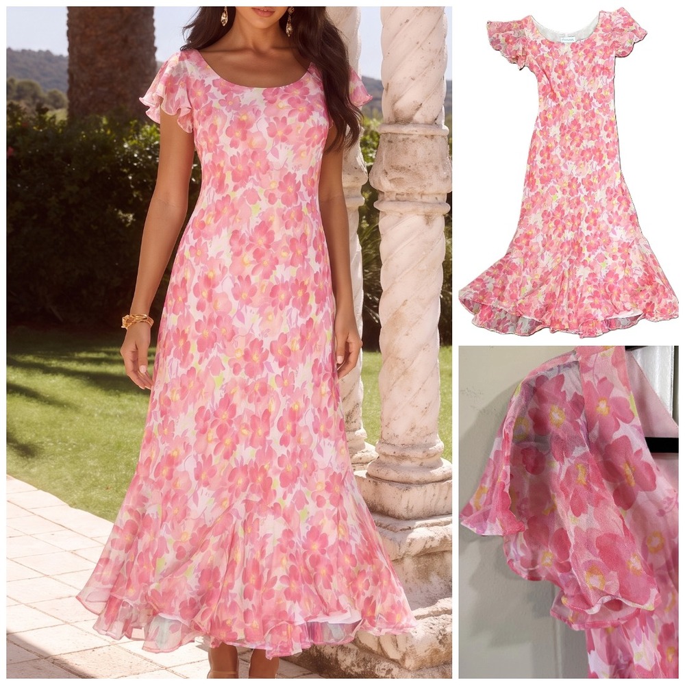 Y2K Silk Floral Midi Slip Dress 12 Sheer pink floral Fairy Coquette Cottagecore